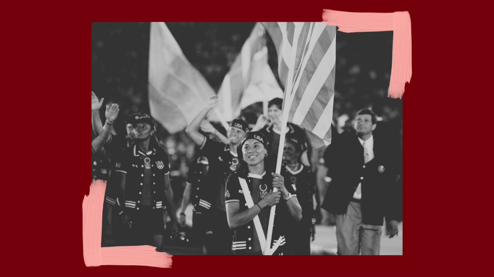 Dawn Staley carries the United States flag at the opening ceremonies for the Athens Olympics