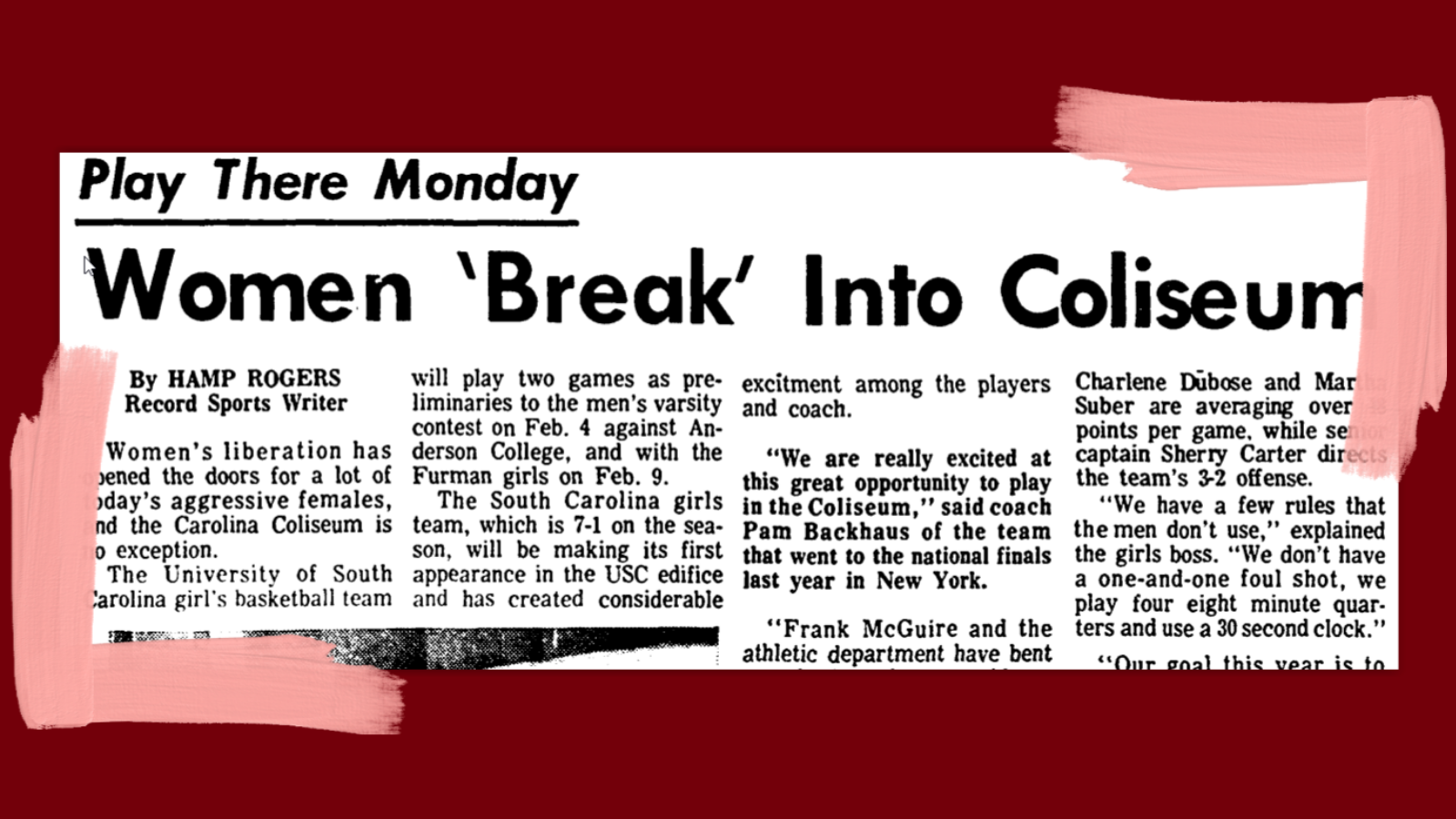 Screenshot of the Columbia Record's article about USC's first women's basketball game at the Carolina Coliseum